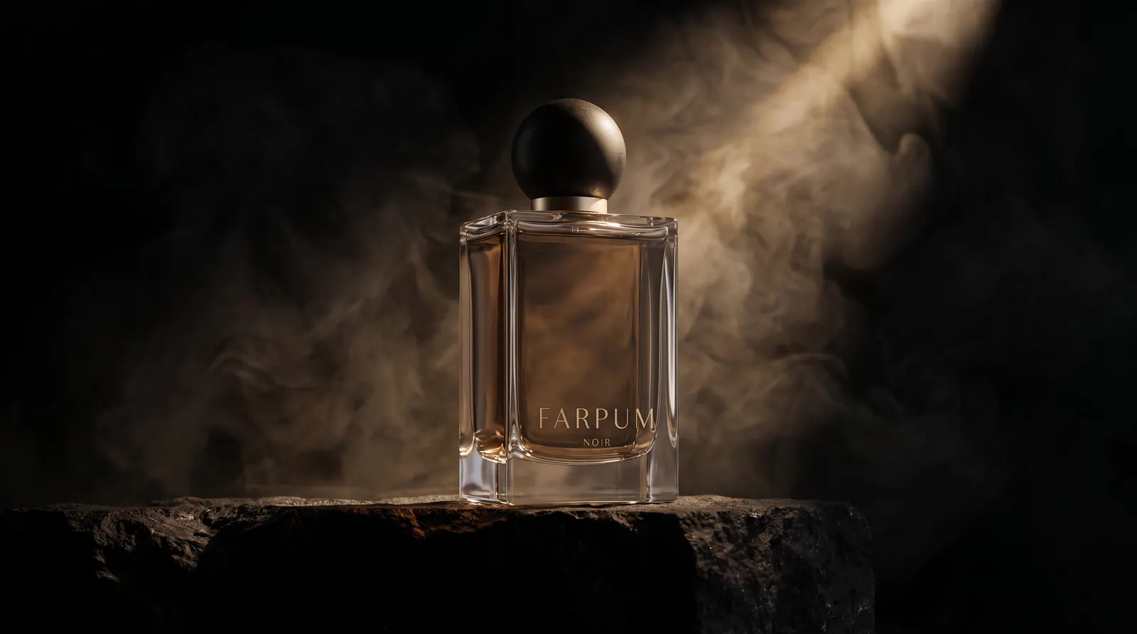 FARPUM NOIR standing on volcanic rock, in a beam of light and smoke